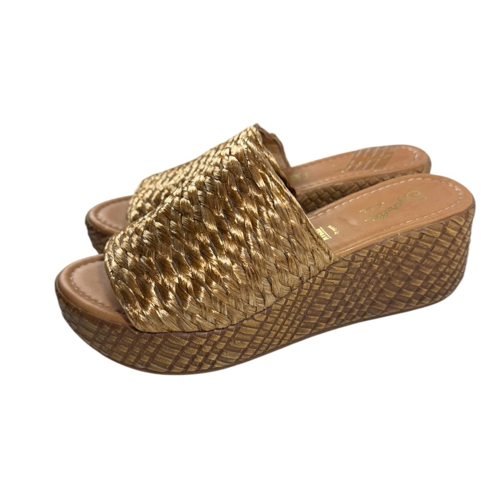 NWOT. SEYCHELLES “Sterling Silver” Woven  Raffia Platform Wedge Sandal, 7.5